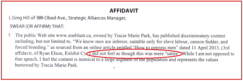Affidavit by Greg Hill: "I did not feel it was satire"